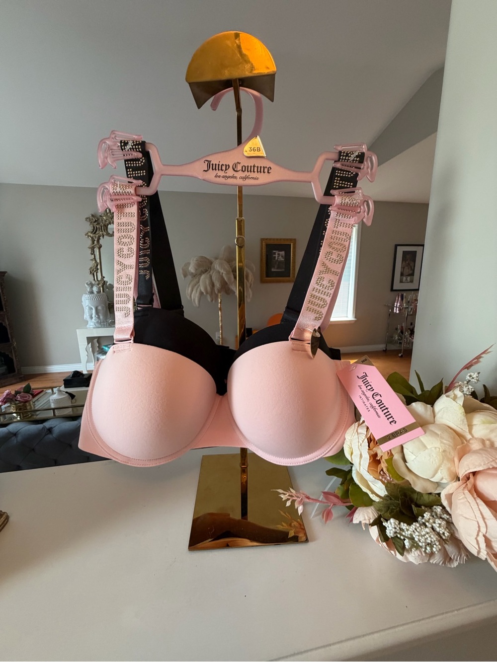 NWT Juicy Couture Pink and Black Padded Bras with Branded Straps 36B